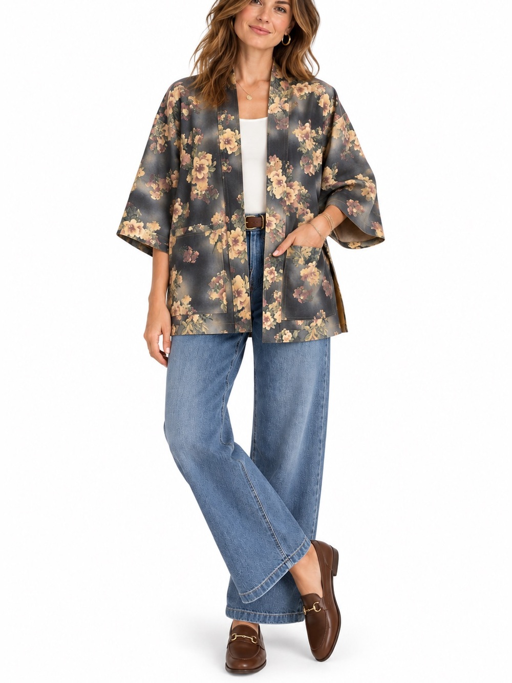Solitaire Anthropologie Emilie Floral Faux Suede Kimono Jacket Med Boho